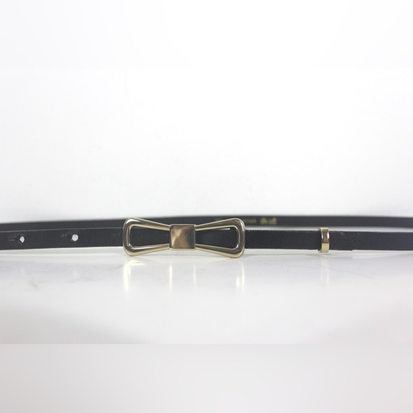 Super Skinny Black Leather Belt with Gold Bow Buckle 32 33 34 35 36 37 38 39 - Picture 1 of 7
